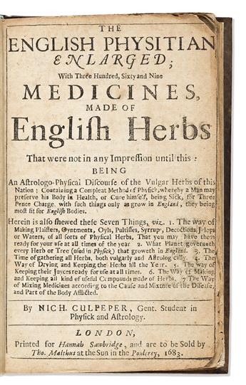 Female Provenance, Female Printer. Culpeper, Nicolas The English Physitian Enlarged; with Three Hundred, Sixty and Nine Medicines Made